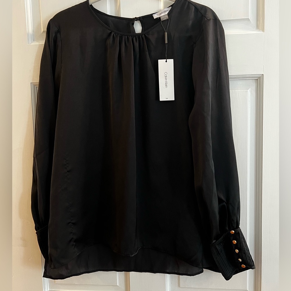 Calvin Klein Black Longsleeve Blouse with Gold Button Detail on Wrists.